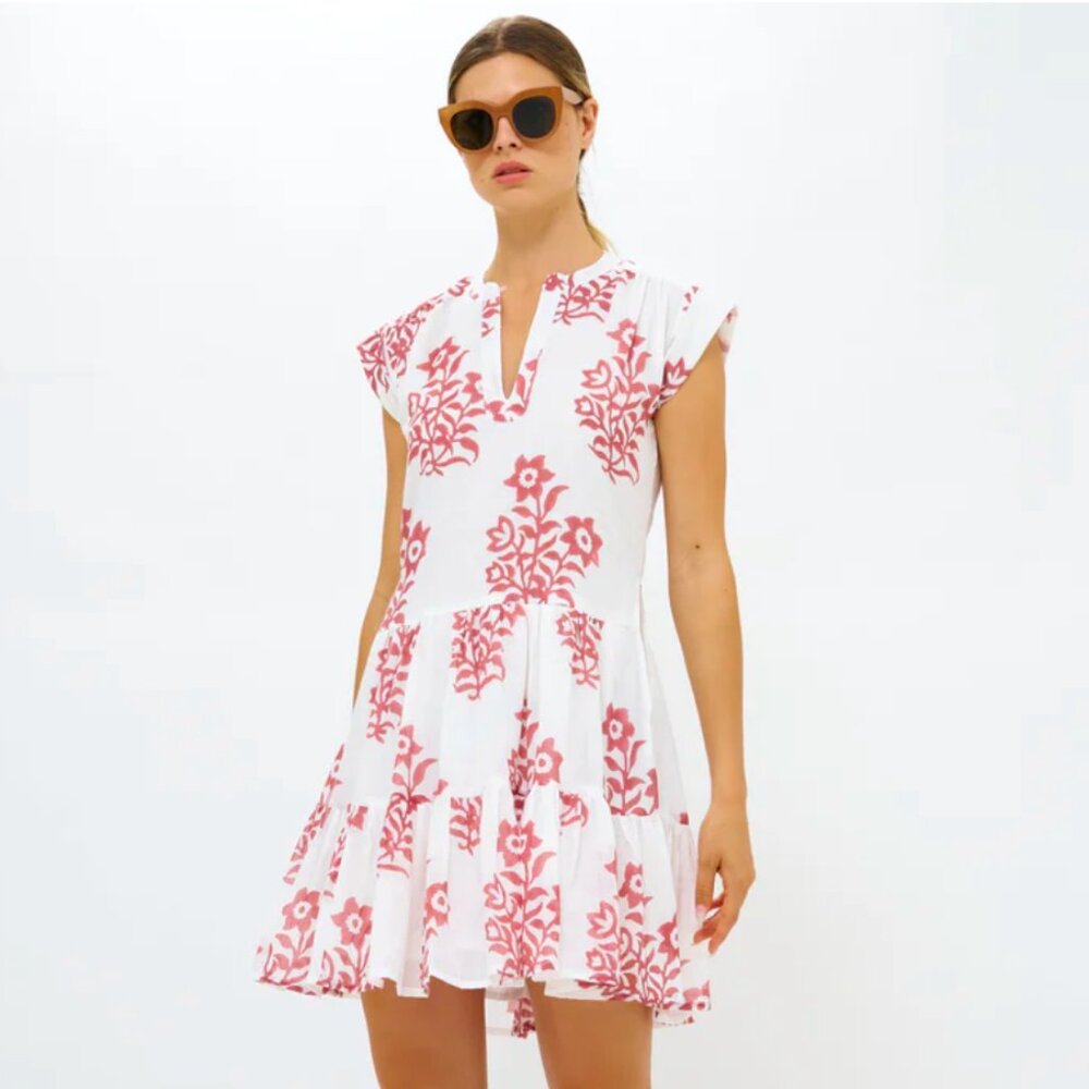 Oliphant White Mini Dress with Coral Floral Print